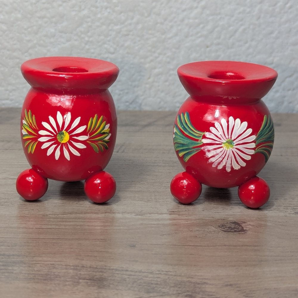 Vintage Swiss Swedish Candleholders  Hand painted Rosemailing Candlesticks